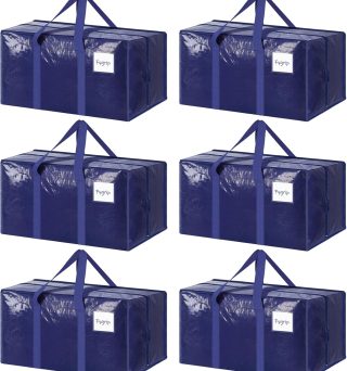 6 Pack Extra Heavy Duty Large Moving Bags with Strong Zipper & Comfortable Handles, Sturdy & Durable Clothes Storage Bags Totes Bins, Blue Packing Moving Boxes for College Supplies, Dark Blue