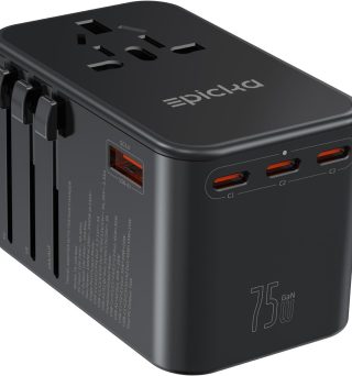 EPICKA Universal Travel Adapter, GaN 75W International Plug Adapter with 3 USB-C PD Fast Charging & 2 USB-A Quick Charging Adaptor All-in-one Wall Charger for USA EU UK AUS (TA-105 Max, Black)