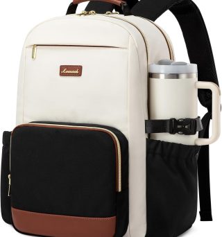 LOVEVOOK Laptop Backpack for Women with Pouch Pocket for Large Capacity Cup,15.6 Inch Laptop Computer Bag Travel Backpack Purse,Waterproof Work Business Backpack College Teacher Bags,Beige-Black-Brown